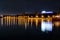 Russia, Irkutsk - July 19, 2019: Colorfull reflection in Angara river of night photo near embankment, Irkutsk