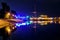 Russia, Irkutsk - July 19, 2019: Colorfull reflection in Angara river of night photo near embankment, Irkutsk