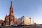 Russia, Irkutsk - November 2, 2019: Organ Hall. Irkutsk Regional Philharmonic. Roman Catholic Polish Church in autumn