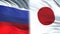 Russia and Japan officials exchanging confidential envelope, flags background