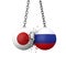 Russia and Japan political tensions concept. National flag wrecking balls smash together. 3D Rendering