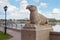 RUSSIA, KALININGRAD - APRIL 29, 2016: Ancient sculpture of a Elephant seal on the Upper Pond in Kaliningrad.