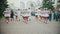 RUSSIA, KAZAN 09-08-2019: A wind instrument military parade - women in small skirts walking on the street