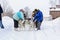 Russia. Kazan. 14 Feb. Dog sled team of siberian huskies out mushing on snow pulling a sled that is out of frame through a winter