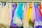 Russia, Kazan - August 9, 2019: Rent carnival costumes. Ball gowns for girls are hanging on a hanger