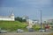 Russia, Kazan June 2019. View of the city of Kazan from the circus building. White Kremlin wall, orthodox church and modern city