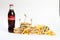 Russia Kemerovo 2019-03-29 Photo session new menu coffee house, fresh club sandwich, glass bottle Coca Cola, french fries ketchup