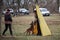 Russia, Krasnodar 31.01.2021 training of working dogs at the stadium. Belgian Shepherd Malinois trains in protective section.