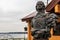 Russia, Lodeinoe Pole, December 2020. Bust of Emperor Peter the Great in the city park.