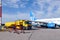 Russia Moscow 2019-06-17 Closeup view of refueling operation, yellow Mercedes fuel truck pulled up on the runway to refuel large