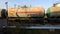 Russia, Moscow - 25 September 2018: Set of tanks with oil and fuel transport by rail. Stock. Cistern of oil on the rails