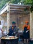 Russia, Moscow, 26-28th July 2019, BBQ festival in Moscow, Sokolniki park. Male chef in traditional Uzbek clothes cooking pilau du