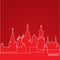 Russia Moscow Concept for web banner. One line composition with greatest landmarks. White linear icon on red background.