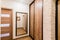 Russia, Moscow- July 08, 2019: interior room apartment. standard repair decoration in hostel. corridor, hallway, doors and mirrors