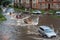 Russia. Moscow July 28, 2018. Flooding after heavy rains in the city crossroads. Flooded city road with large puddle of