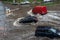 Russia. Moscow July 28, 2018. Flooding after heavy rains in the city crossroads. Flooded city road with large puddle of