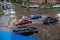 Russia. Moscow July 28, 2018. Flooding after heavy rains in the city crossroads. Flooded city road with large puddle of