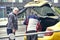 Russia Moscow June 2020. the taxi driver violated the safe social distance with the client and did not wear personal protective