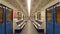 Russia, Moscow - May 06, 2019: Absolutely empty carriage of the Moscow metro. Made in blue and white colors, blue chairs and doors