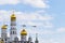 Russia, Moscow, May 7, 2016 - rehearsal of the parade on Red Square, flight of military aircraft over the Kremlin.