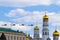 Russia, Moscow, May 7, 2016 - rehearsal of the parade on Red Square, flight of military aircraft over the Kremlin.