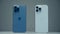RUSSIA, MOSCOW - SEPTEMBER 27, 2021: Coloring of iPhones. Action. Comparison of two iPhones from Apple. Two identical