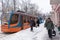 Russia, Moscow, tram stop in Sokolniki. Heavy snowfall in Moscow