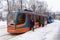 Russia, Moscow, tram stop in Sokolniki. Heavy snowfall in Moscow