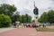 Russia. Murom. Ilya Muromets monument surrounded by tourists