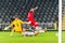 Russia national football team striker Anton Zabolotny, Turkey goalkeeper Mert Gunok and defender Merih Demiral during UEFA Nations