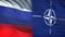 Russia and NATO officials exchanging confidential envelope, flags background