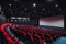 Russia, Nizhny Novgorod - may 29, 2014: October Cinema. Empty red cinema hall seats, comfortable and soft chairs