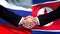 Russia and North Korea handshake, international friendship, flag background