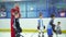 Russia, Novosibirsk, 2017: he coach on the ice gives juniors exercise.