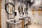 Russia Novosibirsk 2018-11-18 Modern interior of restaurant loft style toilet, square concrete sinks, copper faucet, black