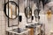 Russia Novosibirsk 2018-11-18 Modern interior of restaurant loft style toilet, square concrete sinks, copper faucet, black