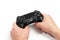 Russia, OKTOBER 24 2019: mans hands holding  new Sony Dualshock 4 with PlayStation 4. Sony PlayStation 4 game console of the