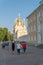 RUSSIA, PETERSBURG - AUG 19, 2022: fountain petersburg palace russia peterhof grand st heritage golden, for church blue