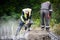 Russia Petersburg August 4, 2020: road Workers perform road and bridge repairs in the city.