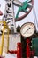 Russia Pipeline Manometer Oil pressure gauge shows 0 Max 25 Bar - red line. Oil pumpjack. A pumpjack is the overground drive for