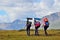 Russia, Republic of Altai, tourists are on the plateau Yoshtykyol in cloudy day