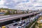 Russia, Rostov on Don, September 26, 2018: City road surface floor with viaduct bridge.