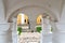 Russia, Rostov, July 2020. Arches and vaults of the white-stone porch in the Kremlin.