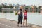 Russia, Rostov-na-Donu June 03 2018 Two girls - thick and athletic walking along the lake in sports clothes, after jogging