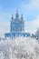 Russia, Saint-Petersburg. Smolny Cathedral in winter day. It`s snowing, snowflakes in the sky