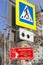 Russia Samara 2020: road warning signs hanging on a pole at a pedestrian crossing, blind pedestrian