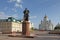 Russia. Saransk. St. Theodor Ushakov`s cathedral and the monument of Admiral Feodor Ushakov during winter