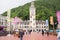 RUSSIA, SOCHI - MAY 25, 2018: Rosa Khutor, high chapel building and tourists in front of it