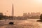 Russia, St.Peterburg. View of the Gazprom tower, anchorage of yachts and boats at the mouth of the Neva River