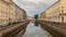 Russia, St.Petersburg, 09 June 2020: Griboyedov Canal at sunset, specular reflection in water, architecture of St